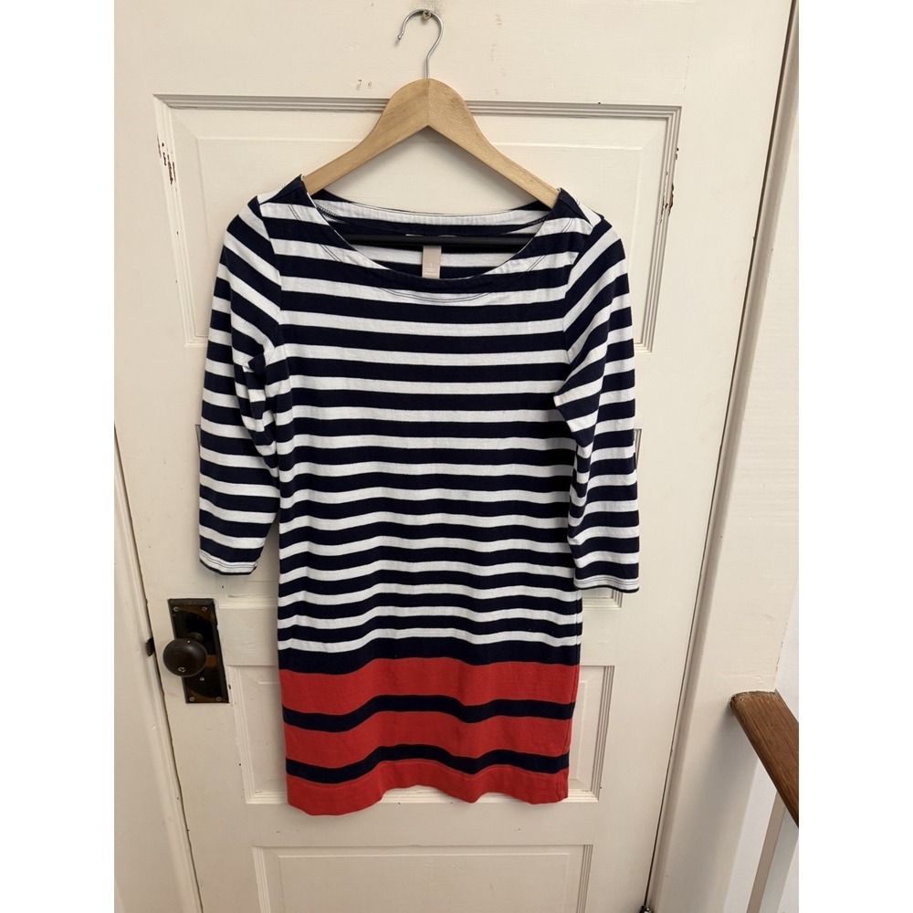 Banana Republic Women's White‎ Navy Red Striped Cotton Dress 3/4 Sleeves Small